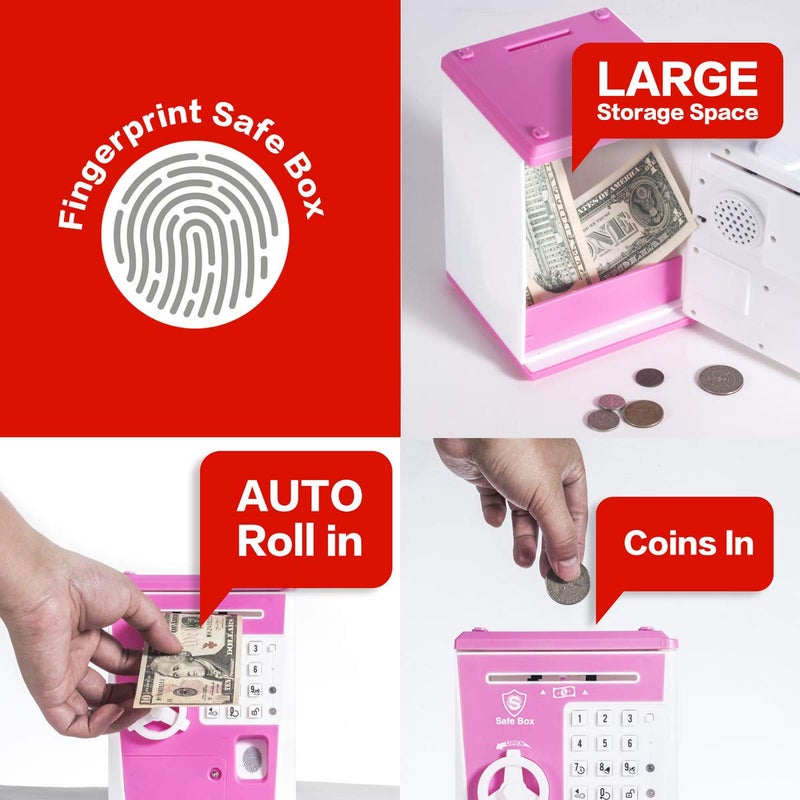 LIKE Toy Piggy Bank Safe Box Fingerprint ATM Bank ATM Machine Money Coin Savings Bank for Kids Pink - Image 3